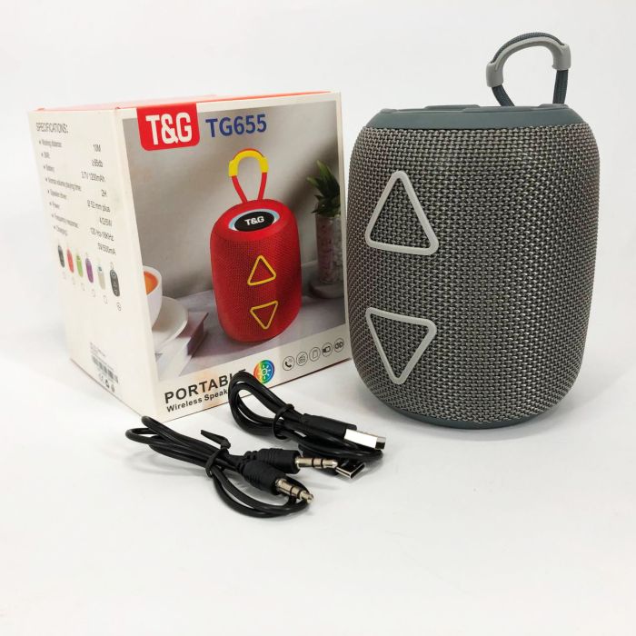 Портативная колонка TG655 5W с RGB подсветкой и ремешком, Громкая блютуз колонка. Цвет: серый