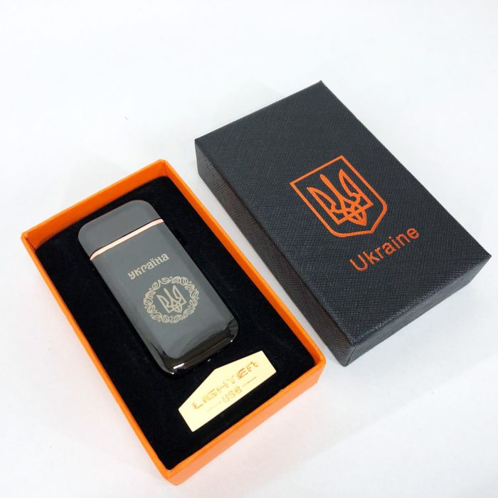 Дуговая электроимпульсная USB зажигалка Герб Украины (индикатор заряда, фонарик) HL-442. Цвет: черный