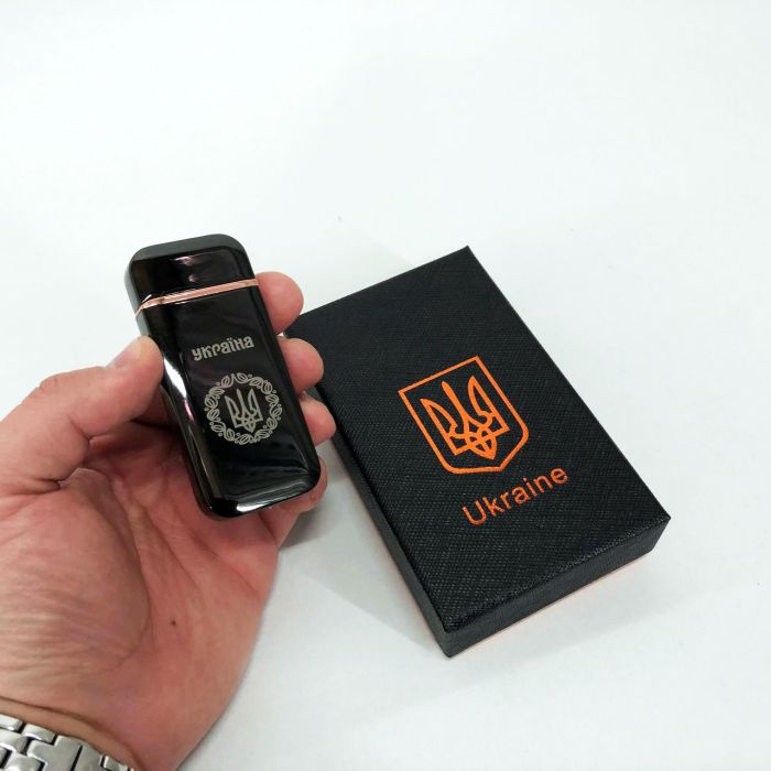 Дуговая электроимпульсная USB зажигалка Герб Украины (индикатор заряда, фонарик) HL-442. Цвет: черный