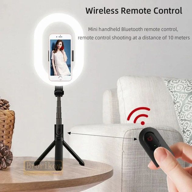 Монопод-штатив для селфи с кольцевой LED лампой Selfie Stick A8 телескопический с пультом и Bluetooth