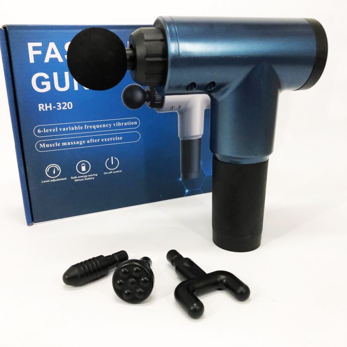 Аккумуляторный массажер Fascial Gun KH-320 портативный ручной ударный мышечный пистолет 4 насадки синий