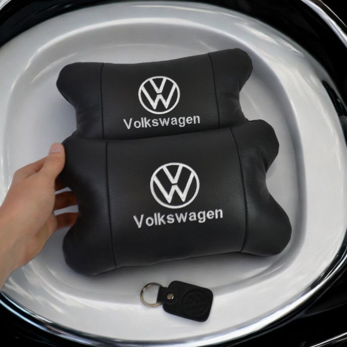 Набор подушек 2шт в авто Volkswagen из натуральной кожи, на подголовник в машину, Автомобильная подушка