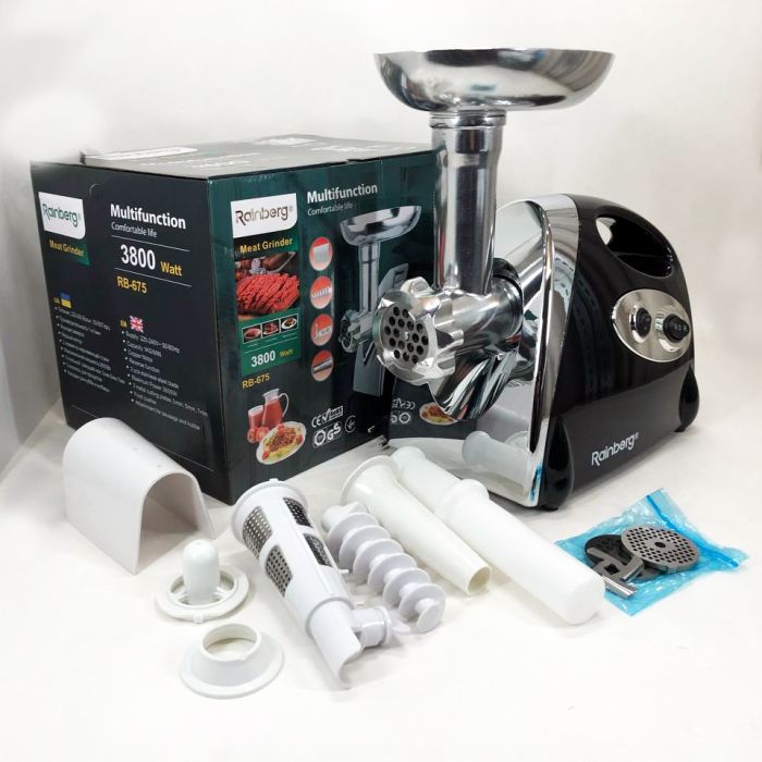 Мясорубка Rainberg RB-675 3800W с соковыжималкой, мясорубка электрическая металл. Цвет: черный