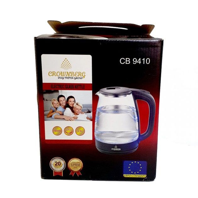Электрический чайник стеклянный Crownberg CB-9410B, тихий электрический чайник. Цвет: голубой