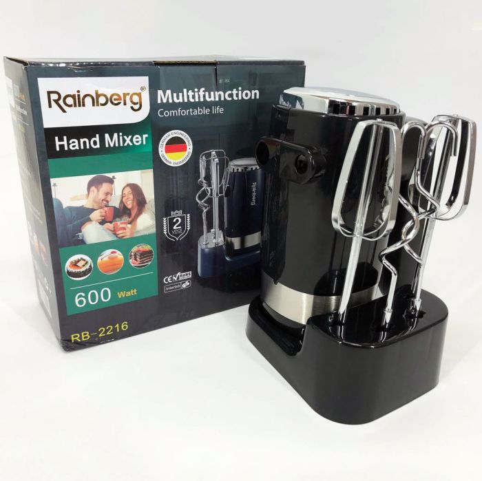 Миксер ручной Rainberg RB-2216 (5 скоростей, 2 насадки и подставка) 600W, мощный миксер блендер ручной