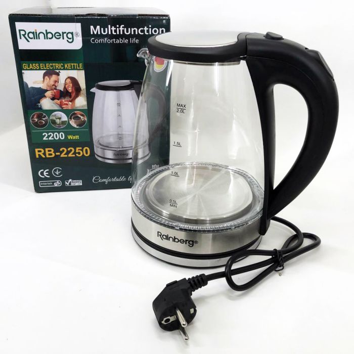 Электрический стеклянный чайник Rainberg RB-2250 с LED подсветкой 2200 Вт 1.8л, хороший электро чайник
