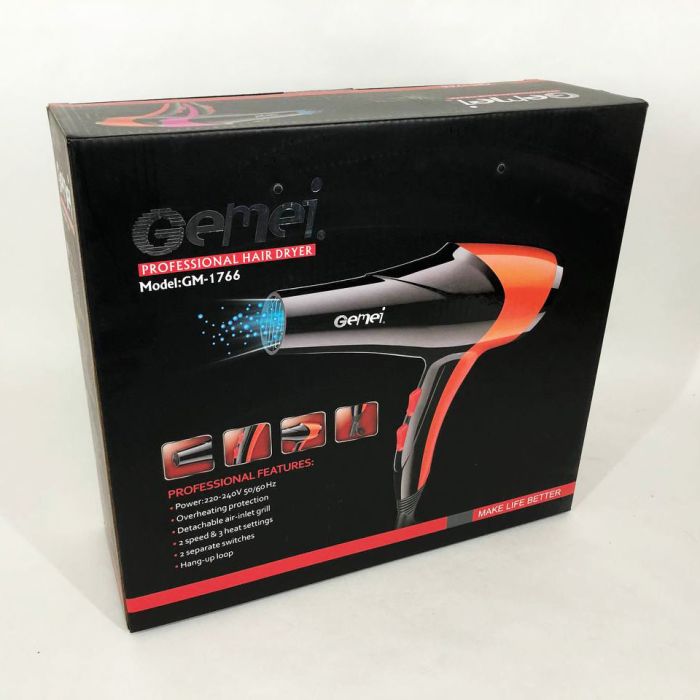 Фен GEMEI GM-1766 2.6кВт АС, фен для головы, женский фен для волос, фен сушка. Цвет: оранжевый