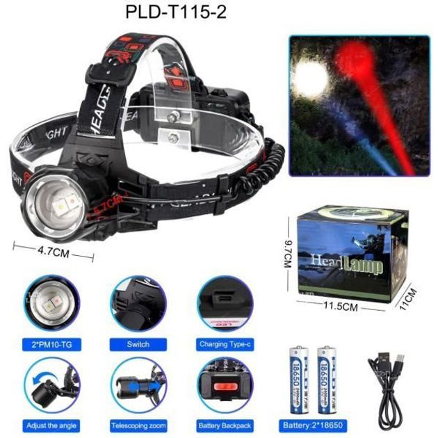 Фонарь налобный PLD-T115-2PM10-TG (white+red), Фонарик на голову для роботы, Сверхмощный налобный фонарь