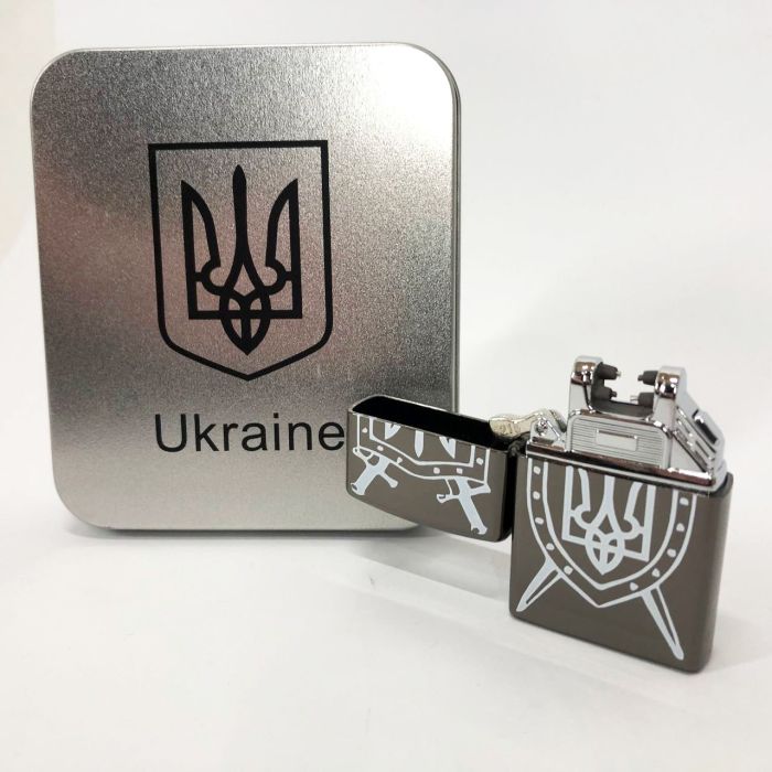 Дуговая электроимпульсная USB зажигалка Украина металлическая коробка HL-446. Цвет: черный