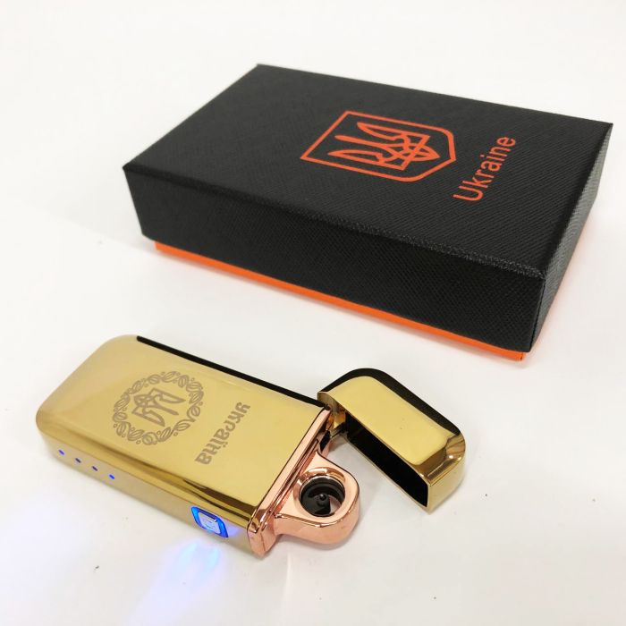 Дуговая электроимпульсная USB зажигалка Герб Украины индикатор заряда, фонарик HL-442. Цвет: золотой