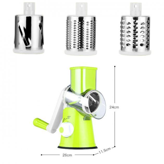 Овощерезка мультислайсер Tabletop Drum Grater Kitchen Master Терка для овощей и фруктов 3 насадки. Цвет: зеленый