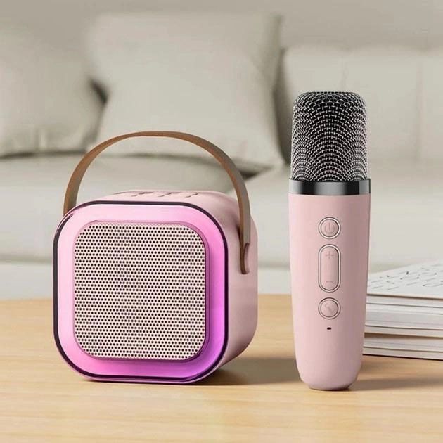 Портативная колонка с караоке микрофоном и RGB подсветкой K12 10W Bluetooth. Цвет: розовый