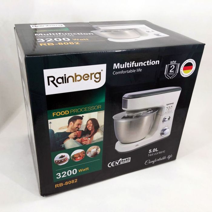 Кухонный комбайн Rainberg RB-8082 3200 Вт, Планетарный миксер-тестомес с чашей 5л, 3 насадки, 6 скоростей