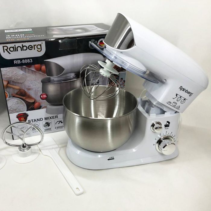 Электрический планетарный миксер тестомес Rainberg RB-8083 с насадками. Цвет: белый