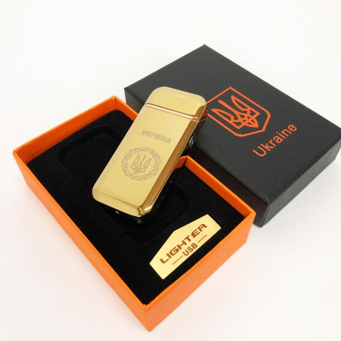 Дуговая электроимпульсная USB зажигалка Герб Украины индикатор заряда, фонарик HL-442. Цвет: золотой