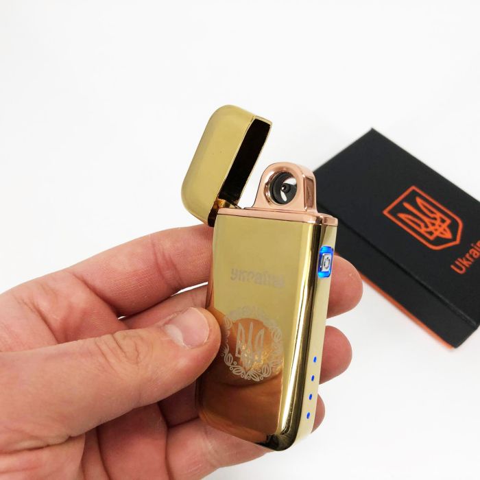 Дуговая электроимпульсная USB зажигалка Герб Украины индикатор заряда, фонарик HL-442. Цвет: золотой