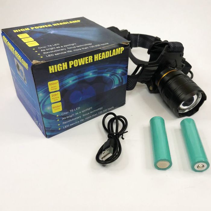 Фонарь налобный мощный Bailong BL-8075-2-GT100, 3 режима, Zoom, алюминий, аккум 2*18650, USB кабель