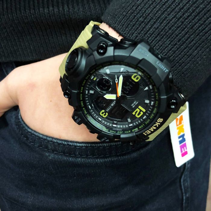 Часы наручные мужские SKMEI 1155BKH KHAKI, водостойкие тактические часы, армейские часы. Цвет: хаки