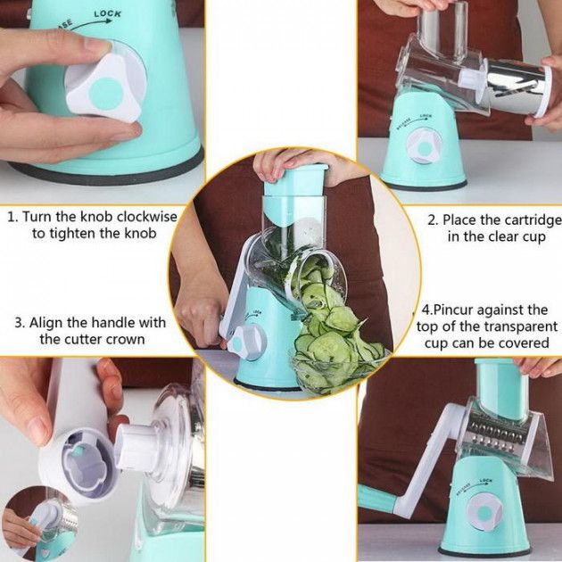 Овощерезка мультислайсер Tabletop Drum Grater Kitchen Master Терка для овощей и фруктов 3 насадки. Цвет: голубой