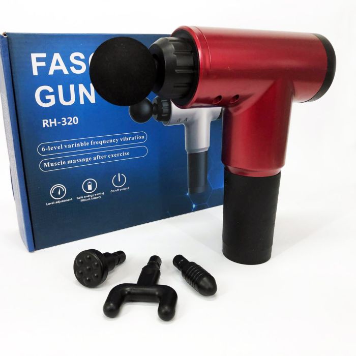 Аккумуляторный массажер Fascial Gun KH-320 портативный ручной ударный мышечный пистолет 4 насадки красный
