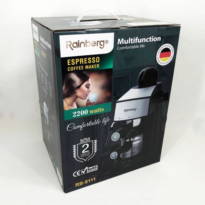 Кофемашина Rainberg RB-8111 кофеварка рожковая с капучинатором 2200W Espresso, маленькая кофемашина