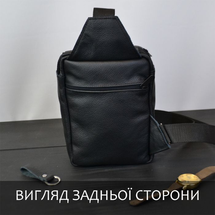 Сумка мужская - кожаная, нагрудная сумка слинг кожаная черная на 3 кармана, мужская сумка на грудь
