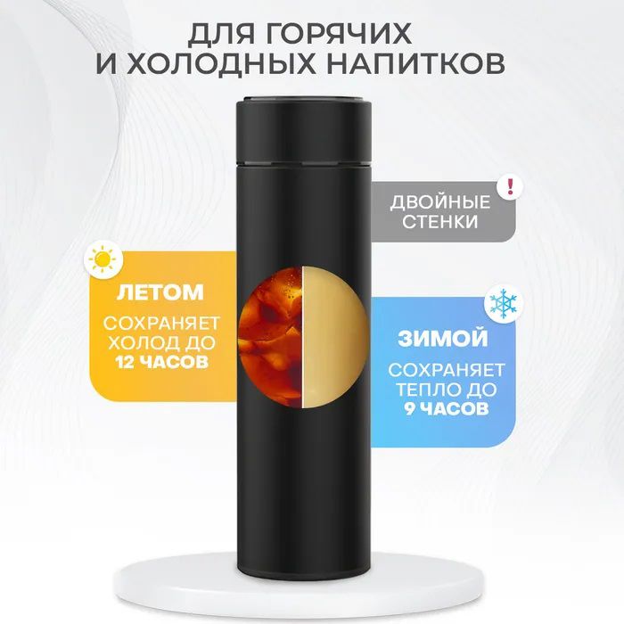 Термос с индикатором температуры 0.5 л, Умный термос с металлическим корпусом, Умный термос с экраном