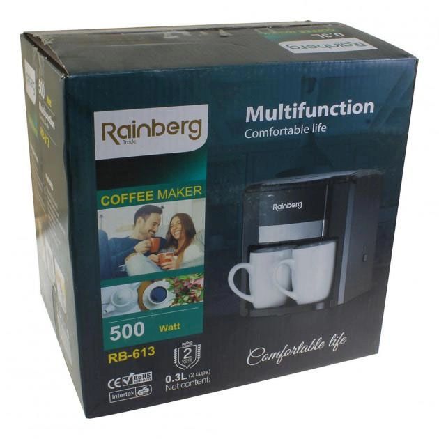 Кофеварка капельная Rainberg RB-613 (0,3 л, 500 Вт) с двумя керамическими чашками, маленькая кофемашина