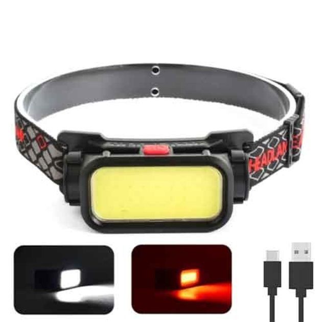 Фонарь налобный BL-008+COB (white+red), красный свет, водозащита, встроенный аккумулятор