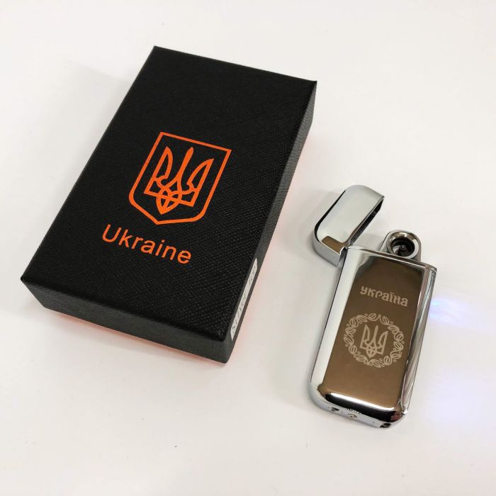 Дуговая электроимпульсная USB зажигалка Герб Украины индикатор заряда, фонарик HL-442. Цвет: серебро