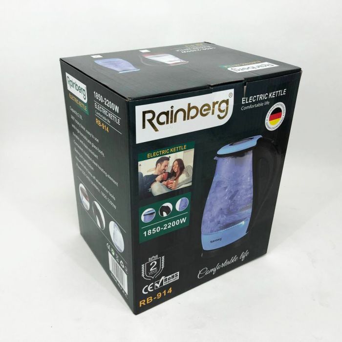 Чайник электрический стеклянный Rainberg RB-914, чайник прозрачный с подсветкой. Цвет: голубой