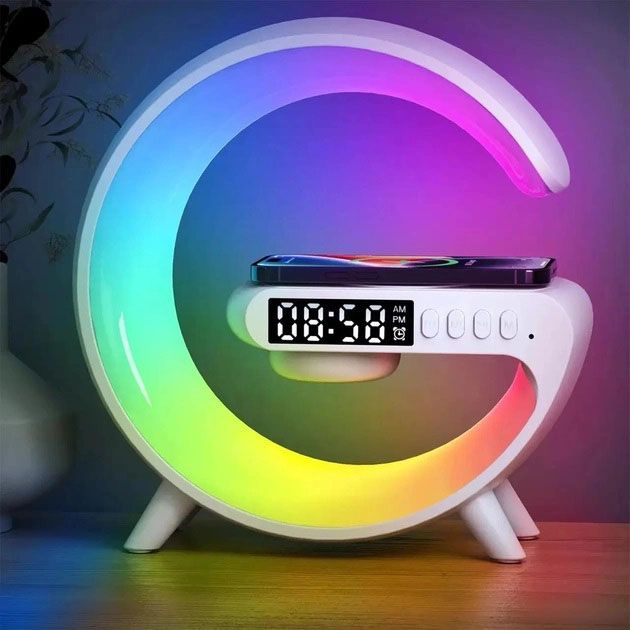 Умный Ночник светильник G63 мини с Bluetooth Колонкой беспроводной зарядкой 10W Часами и RGB подсветкой