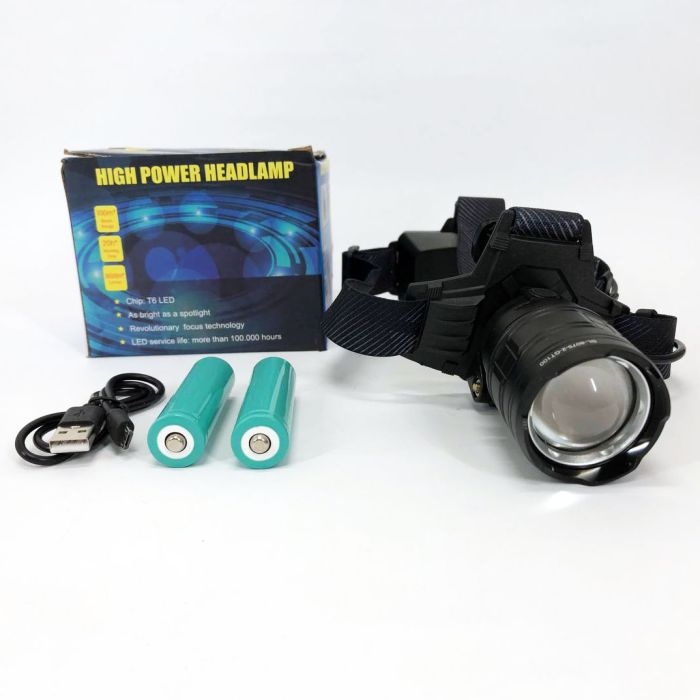 Фонарь налобный мощный Bailong BL-8075-2-GT100, 3 режима, Zoom, алюминий, аккум 2*18650, USB кабель