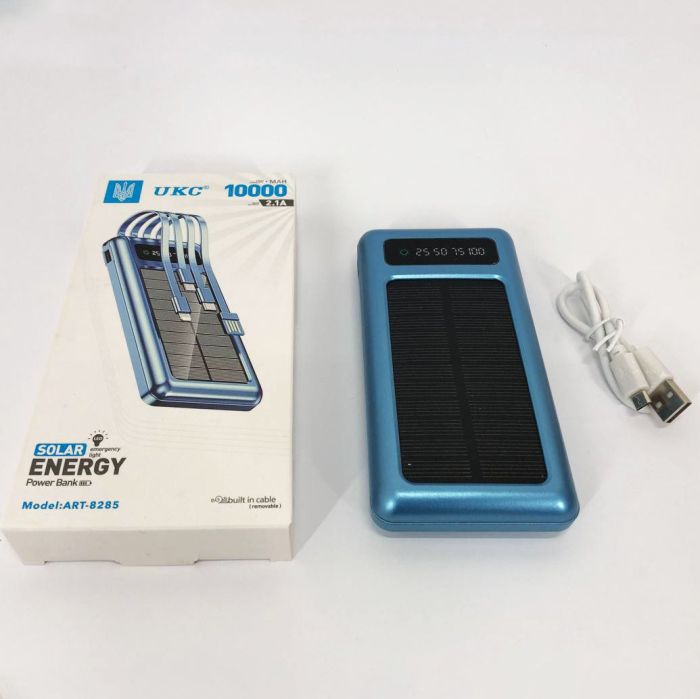 Портативное зарядное устройство на 10000 mAh, Power Bank на солнечной батарее, зарядка. Цвет: синий