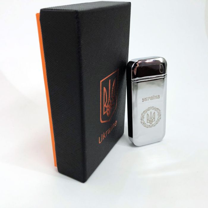 Дуговая электроимпульсная USB зажигалка Герб Украины индикатор заряда, фонарик HL-442. Цвет: серебро