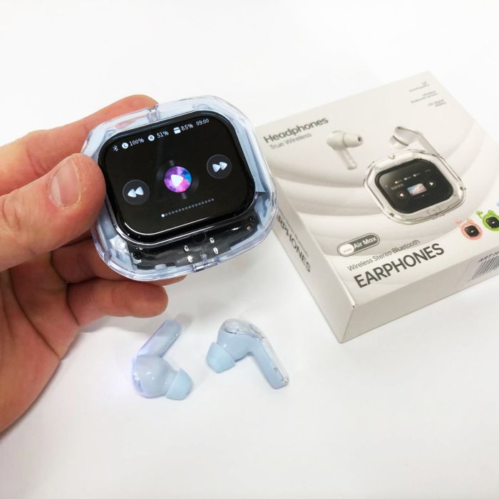 Беспроводные вакуумные наушники TWS с LED дисплеем, влагозащита IPx4 Bluetooth 5.4 с кейсом. Цвет: голубой