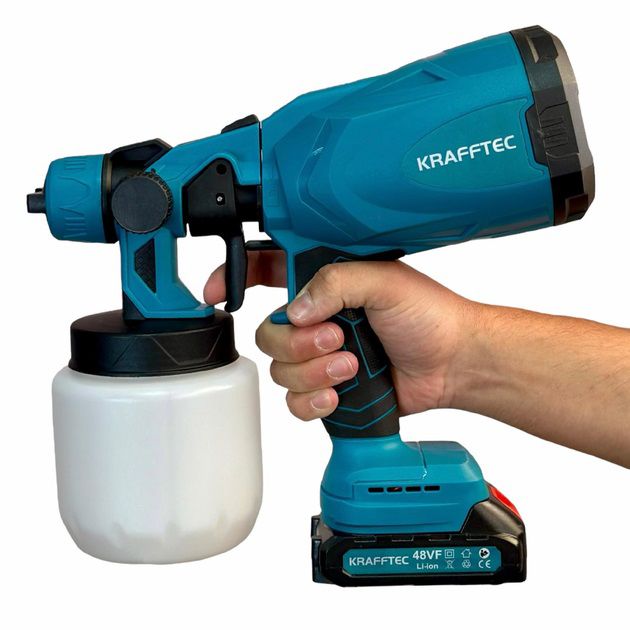 Краскопульт аккумуляторный Krafftec 48V/2Ah, 600 W, 800 мл, краскораспылитель портативный, 2 аккумулятора