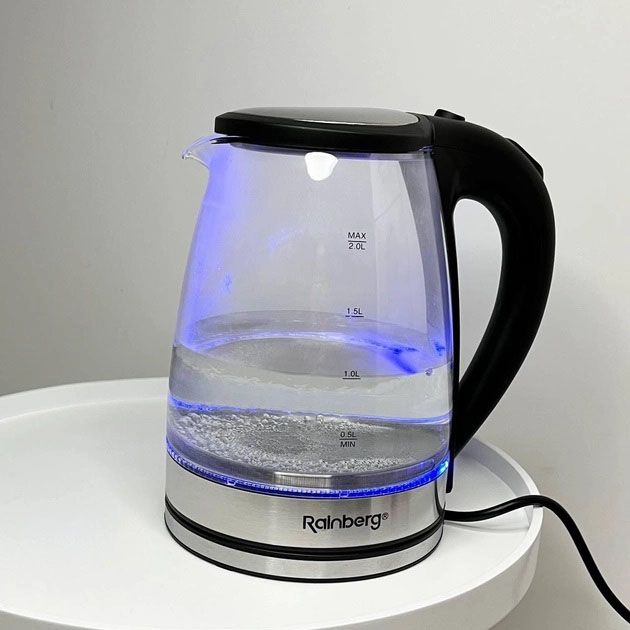 Электрический стеклянный чайник Rainberg RB-2250 с LED подсветкой 2200 Вт 1.8л, хороший электро чайник