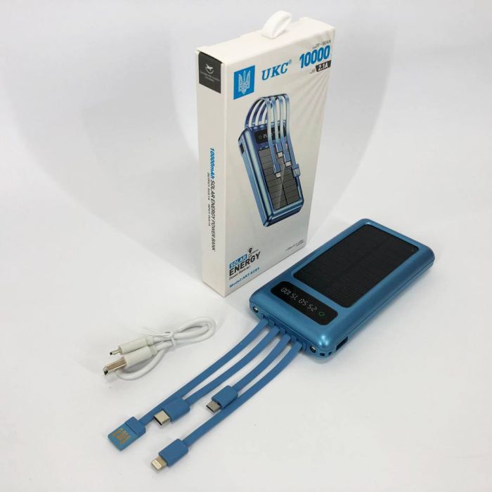 Портативное зарядное устройство на 10000 mAh, Power Bank на солнечной батарее, зарядка. Цвет: синий