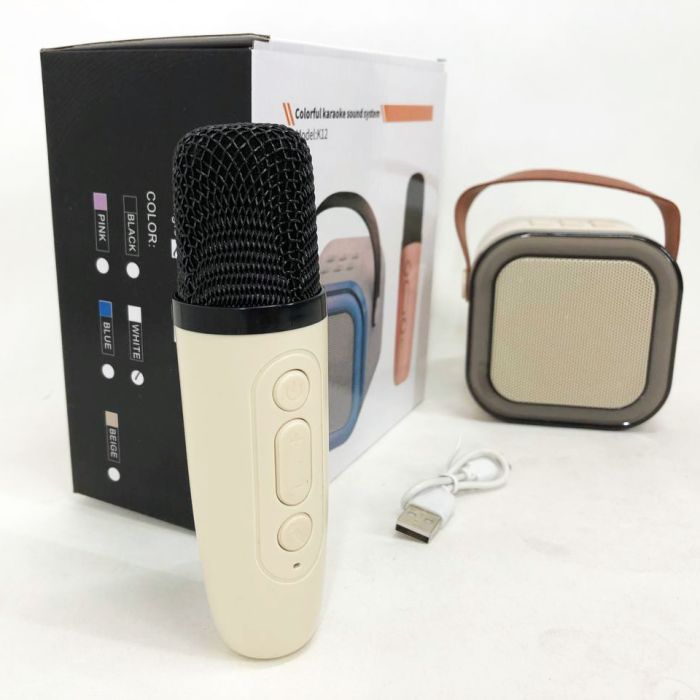 Портативная колонка с караоке микрофоном и RGB подсветкой K12 10W Bluetooth. Цвет: белый
