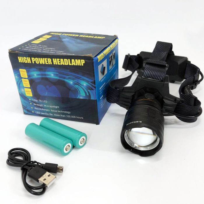 Фонарь налобный мощный Bailong BL-8075-2-GT100, 3 режима, Zoom, алюминий, аккум 2*18650, USB кабель