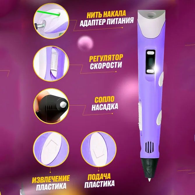 3D ручка Smart 3D Pen 2 c LCD дисплеем, Ручка для объемного рисования, Детская 3д ручка. Цвет: фиолетовый