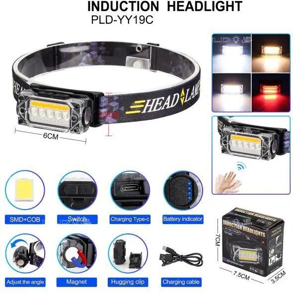 Фонарь налобный YY-19C-5SMD+COB white+yellow+red Motion Sensor, Мощный фонарик светодиодный на голову