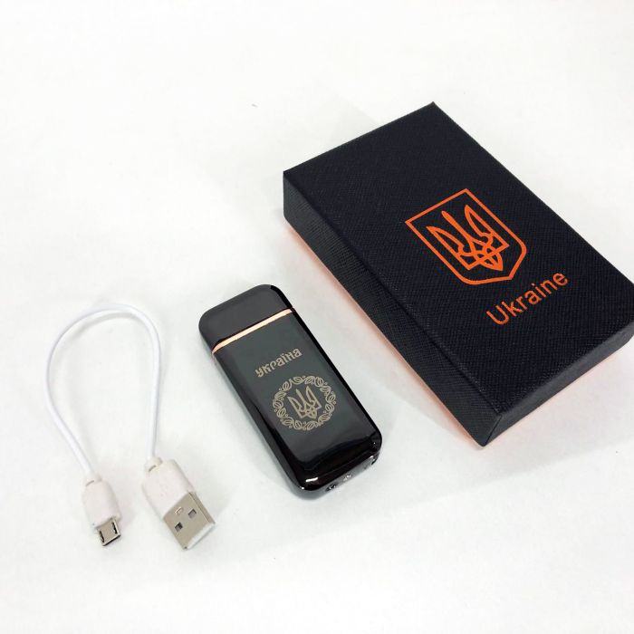 Дуговая электроимпульсная USB зажигалка Герб Украины (индикатор заряда, фонарик) HL-442. Цвет: черный