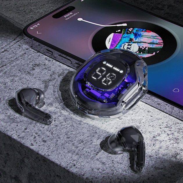 Беспроводные наушники TWS T8 PRO с прозрачным кейсом Вакуумные LED дисплей Bluetooth 5.3. Цвет: черный