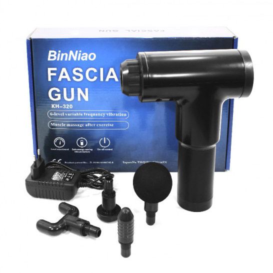 Аккумуляторный массажер Fascial Gun KH-320 портативный ручной ударный мышечный пистолет 4 насадки черный