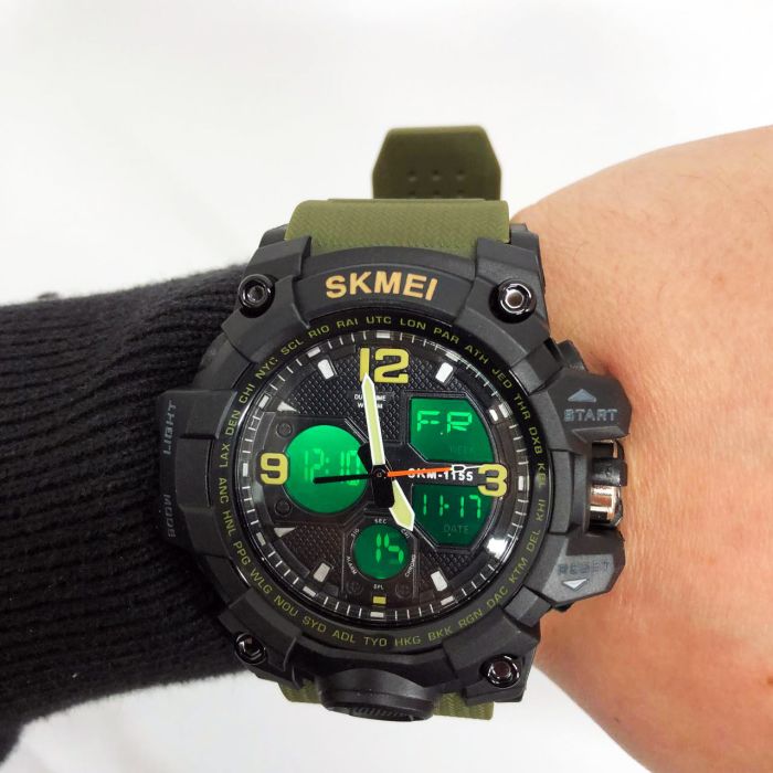 Часы наручные мужские SKMEI 1155BAG, часы тактические противоударны, армейские часы. Цвет: зеленый