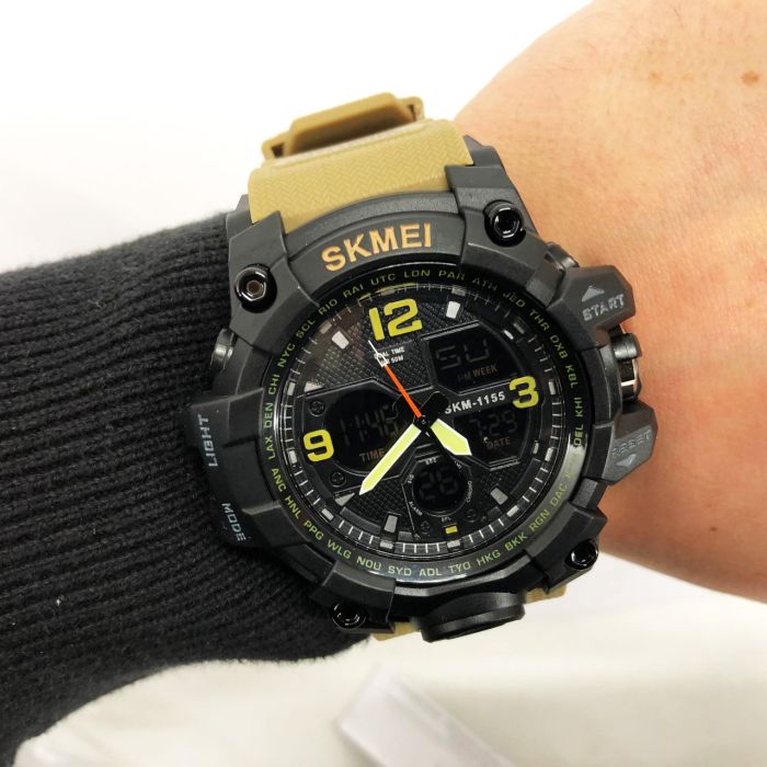 Часы наручные мужские SKMEI 1155BKH KHAKI, водостойкие тактические часы, армейские часы. Цвет: хаки