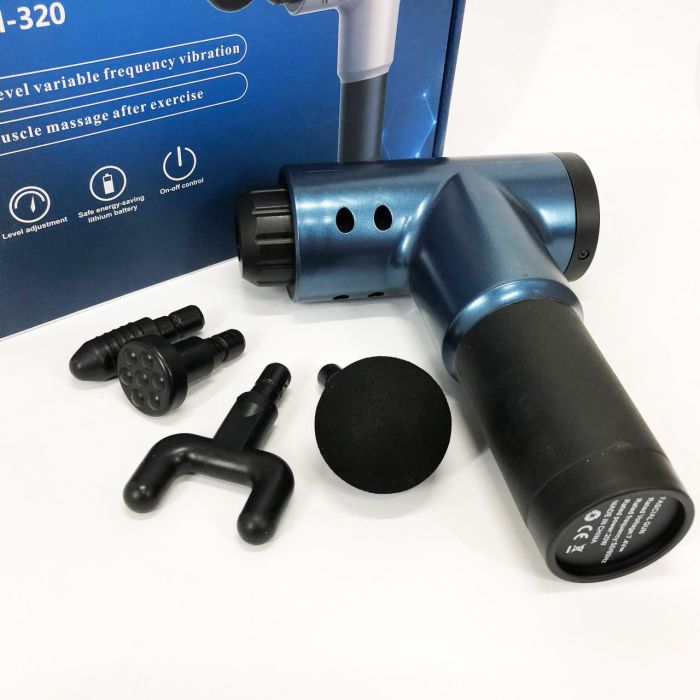 Аккумуляторный массажер Fascial Gun KH-320 портативный ручной ударный мышечный пистолет 4 насадки синий