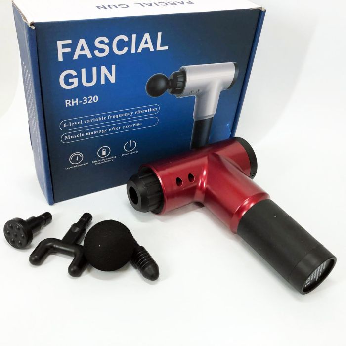 Аккумуляторный массажер Fascial Gun KH-320 портативный ручной ударный мышечный пистолет 4 насадки красный